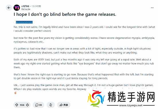 盲人玩家盼在失明前体验GTA6最后的视觉世界